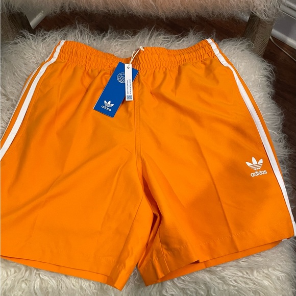NWT Adidas Three Stripe Swim Trunks Shorts Orange Men Size S Trefoil Originals - Picture 2 of 14